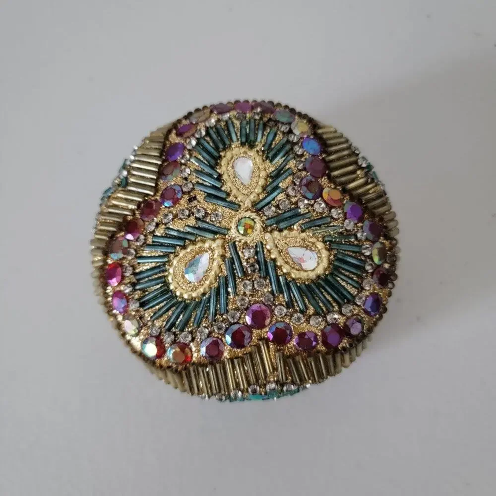 Vintage Beaded Trinket Jewelry Box Round Domed Iridescent Gold Turquoise Pink